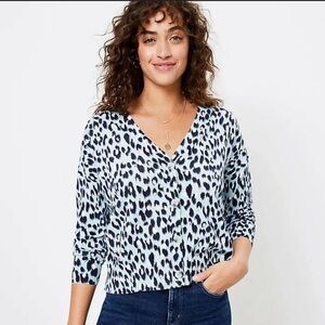 LOFT 100% Cotton Light Blue Leopard Print B/D V-neck Cardigan